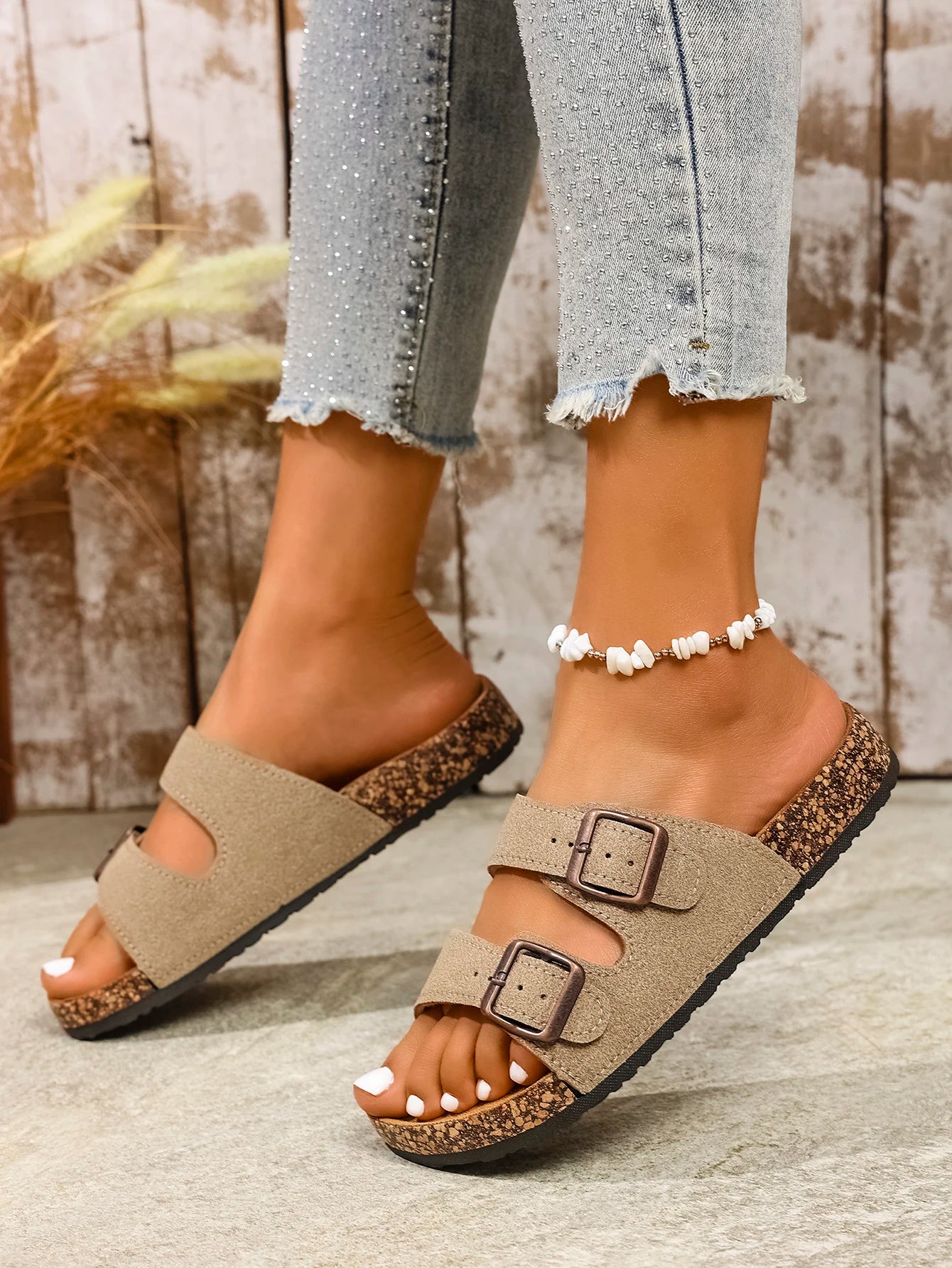 Women's Teen Mules New Spring and Summer Vintage Casual Slip-On Shoes Pu Upper Double Strap Half Slippers with Adjustable Buckle