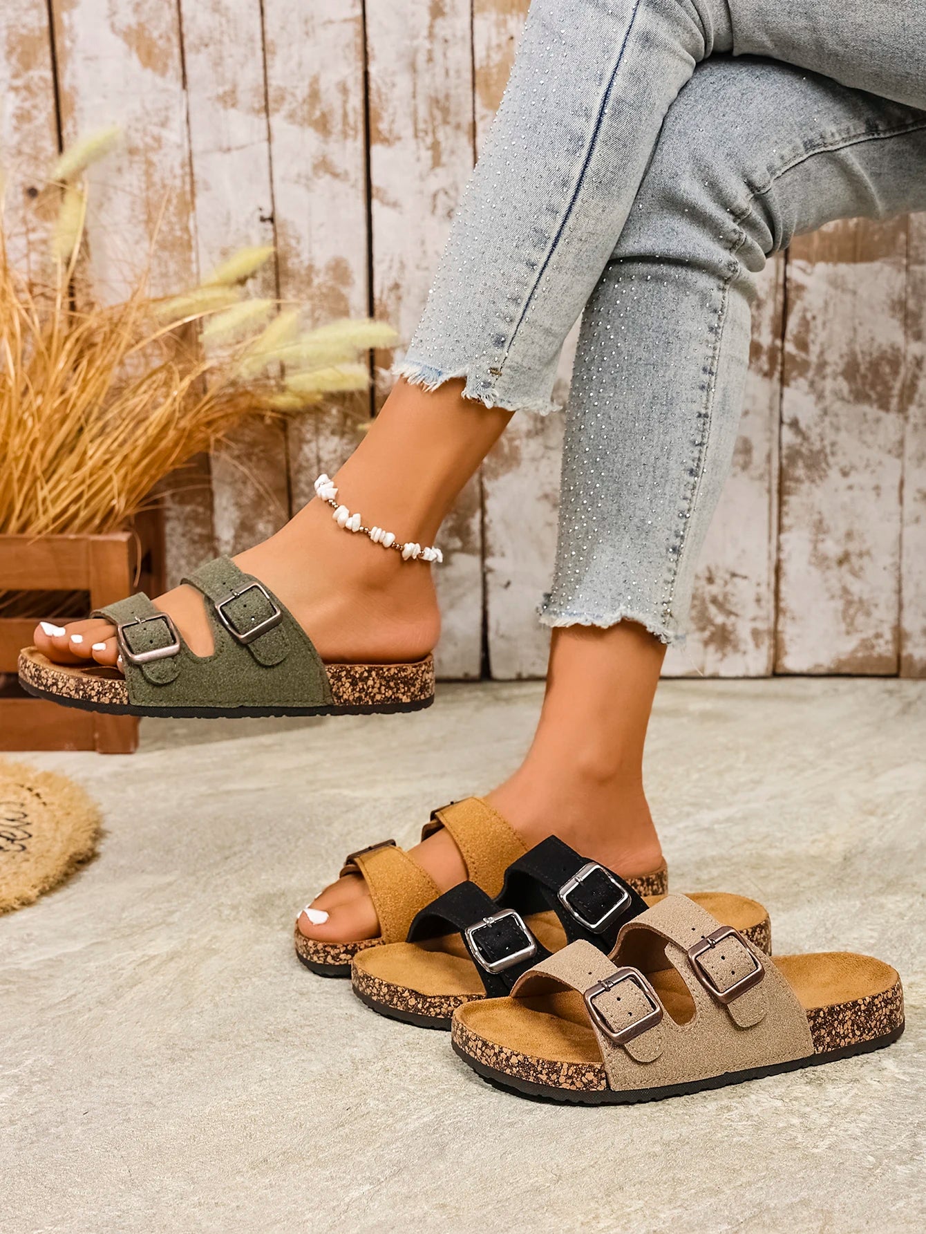 Women's Teen Mules New Spring and Summer Vintage Casual Slip-On Shoes Pu Upper Double Strap Half Slippers with Adjustable Buckle